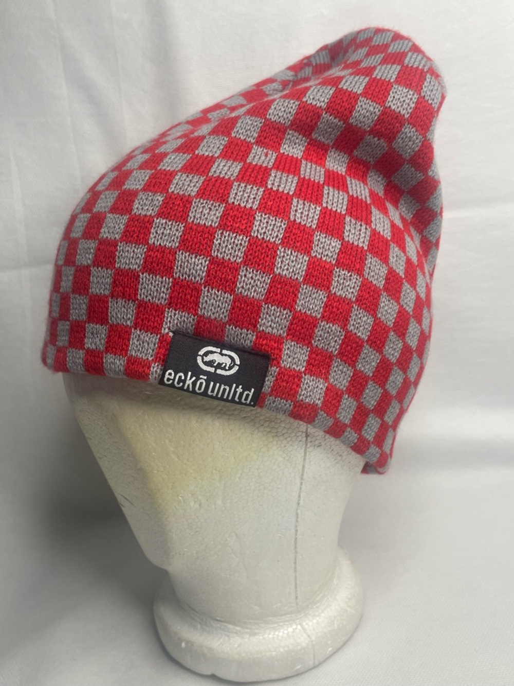 VTG Ecko Unlimited Checkered Beanie One Size Red Gray Knit Winter Logo Cold Cap